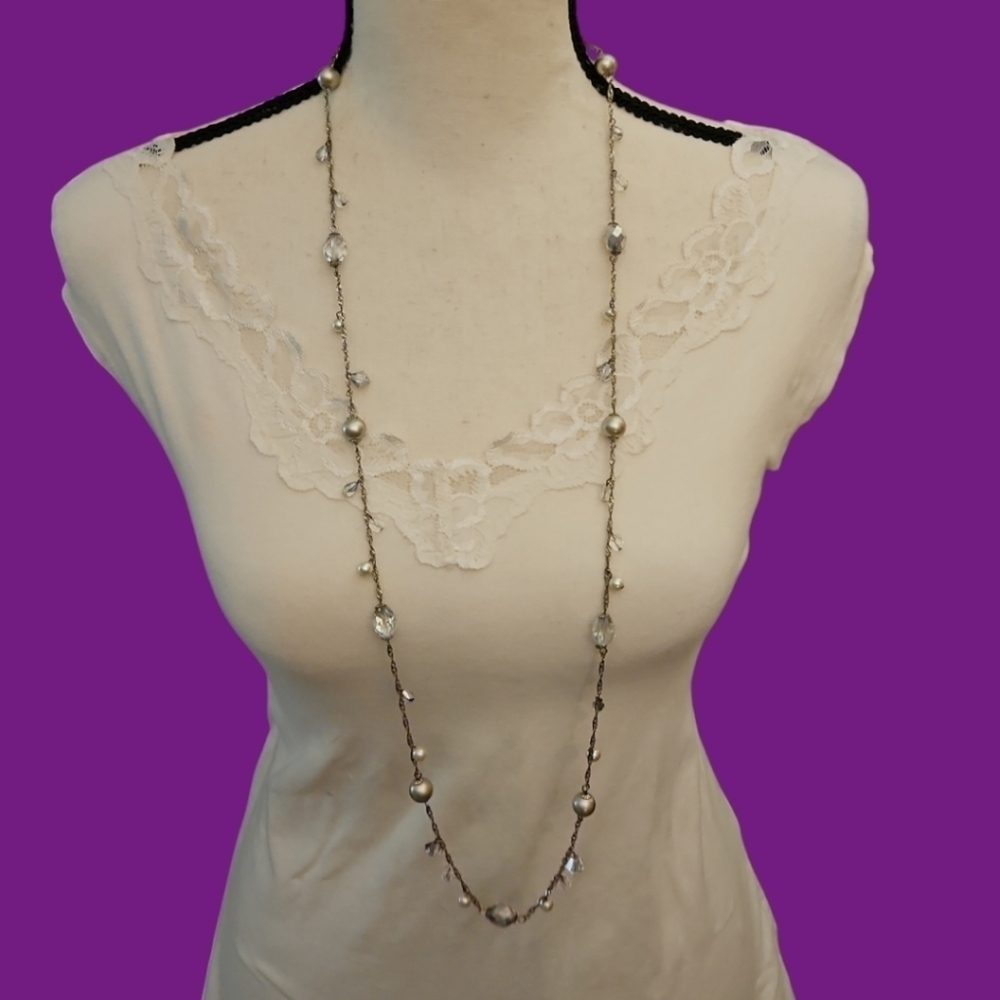 PREMIER DESIGNS Faceted Glass Pearl Cha Cha Long Bridal Formal Chain Necklace - Picture 2 of 8